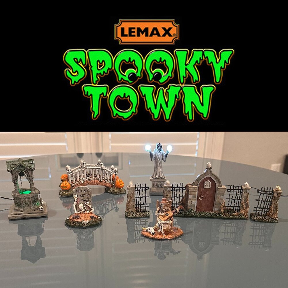 LEMAX Cemetery Decor Pieces: Skeleton, Well, Gate, Bridge, Spooky Town Halloween